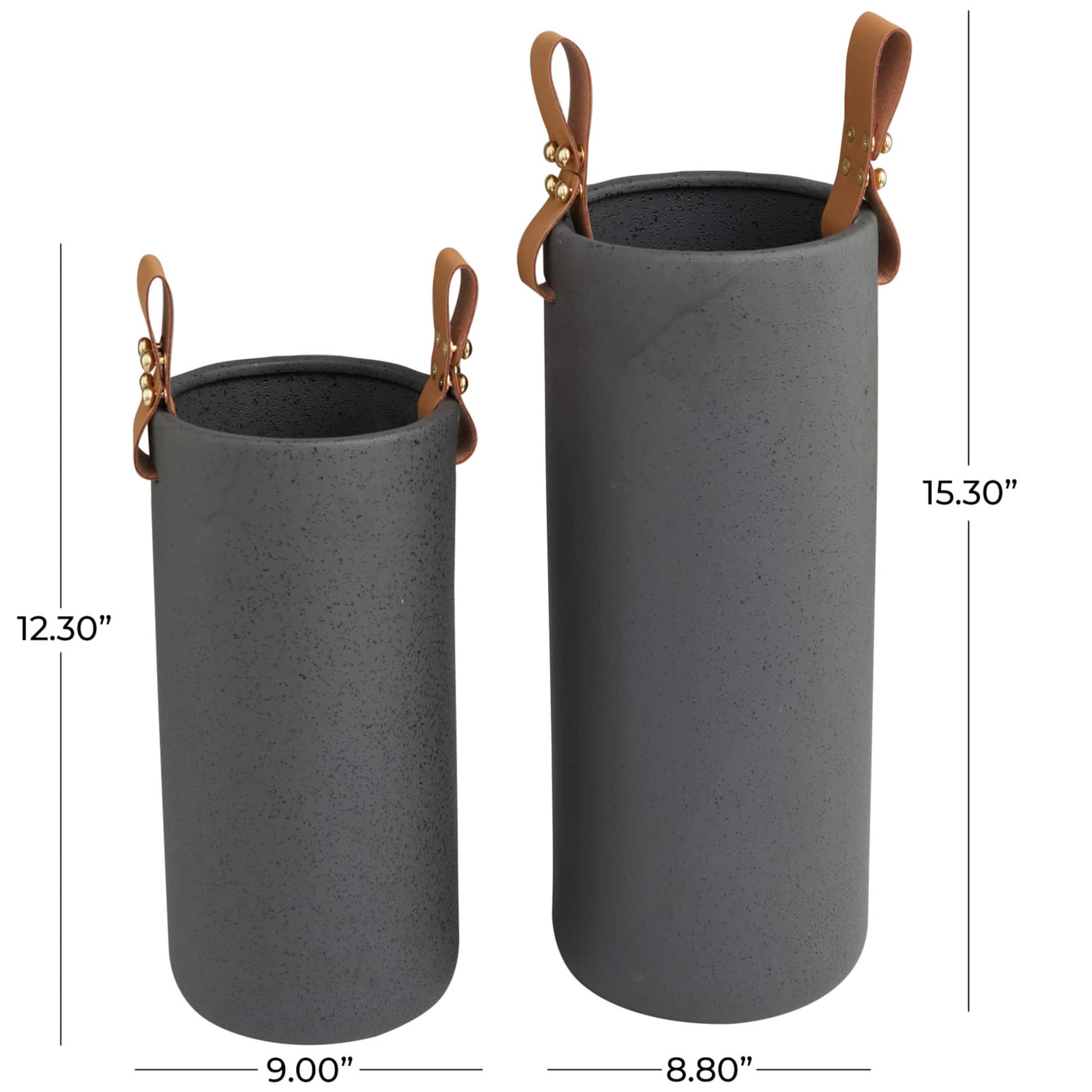 Black Ceramic Vase with Faux Leather Handles Set